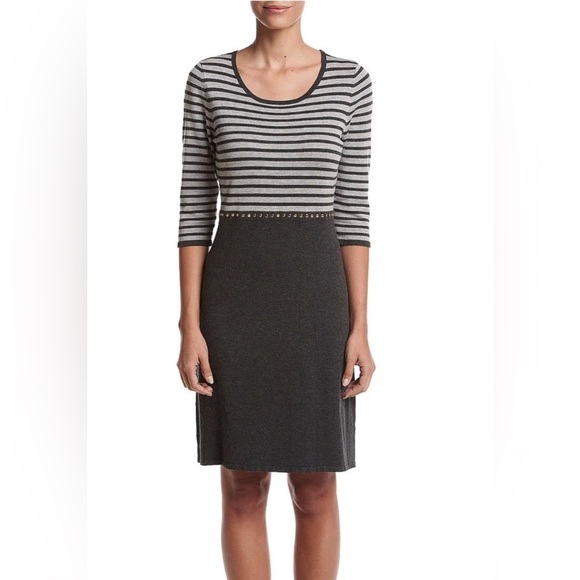 Calvin Klein Gray Black Striped Jersey  Dress Size Large New Knee Length - Picture 1 of 7